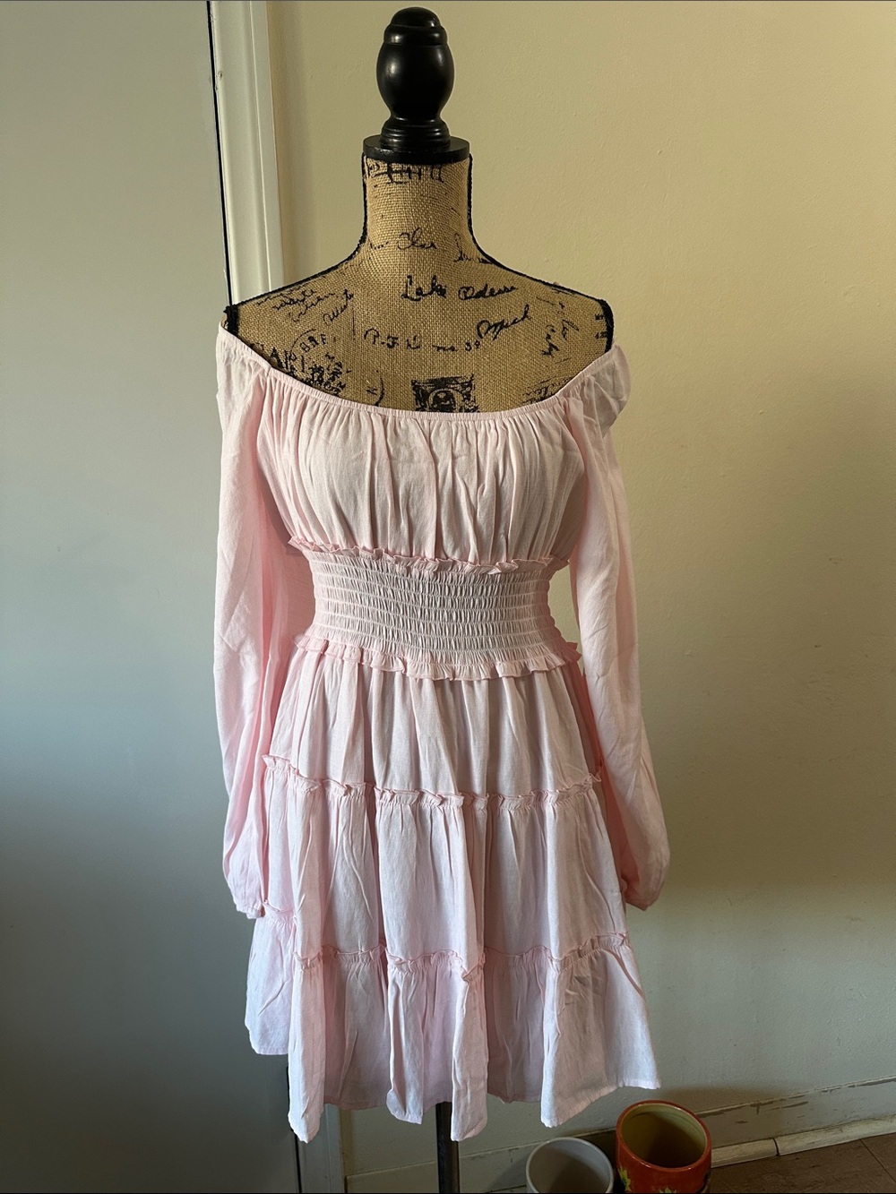 Francesca's Collections Light Pink Off-Shoulder Smocked Mini Dress